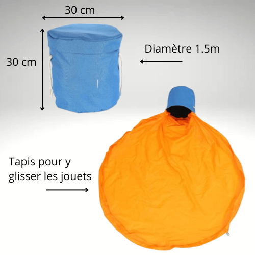 Sac de rangement pour jouets avec tapis intégré, couleur bleue. Diamètre 1,5 m, idéal pour un rangement rapide et efficace.