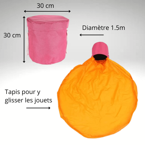 Sac de rangement pour jouets avec tapis intégré, couleur rose. Diamètre 1,5 m, pratique pour organiser les jouets en un geste.