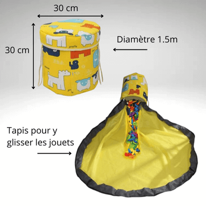 Sac de rangement pour jouets avec tapis intégré, motif animaux colorés. Diamètre 1,5 m, rangement rapide et pratique pour enfants.