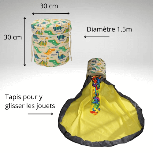 Sac de rangement pour jouets avec tapis intégré, motif dinosaures. Diamètre 1,5 m, idéal pour un rangement rapide et efficace.