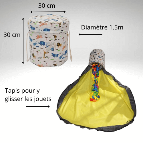 Sac de rangement pour jouets avec tapis intégré, motif animaux de la jungle. Diamètre 1,5 m, pratique pour organiser les jouets.