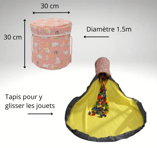 Sac de rangement pour jouets avec tapis intégré, motif rose avec animaux. Diamètre 1,5 m, pratique pour organiser les jouets.